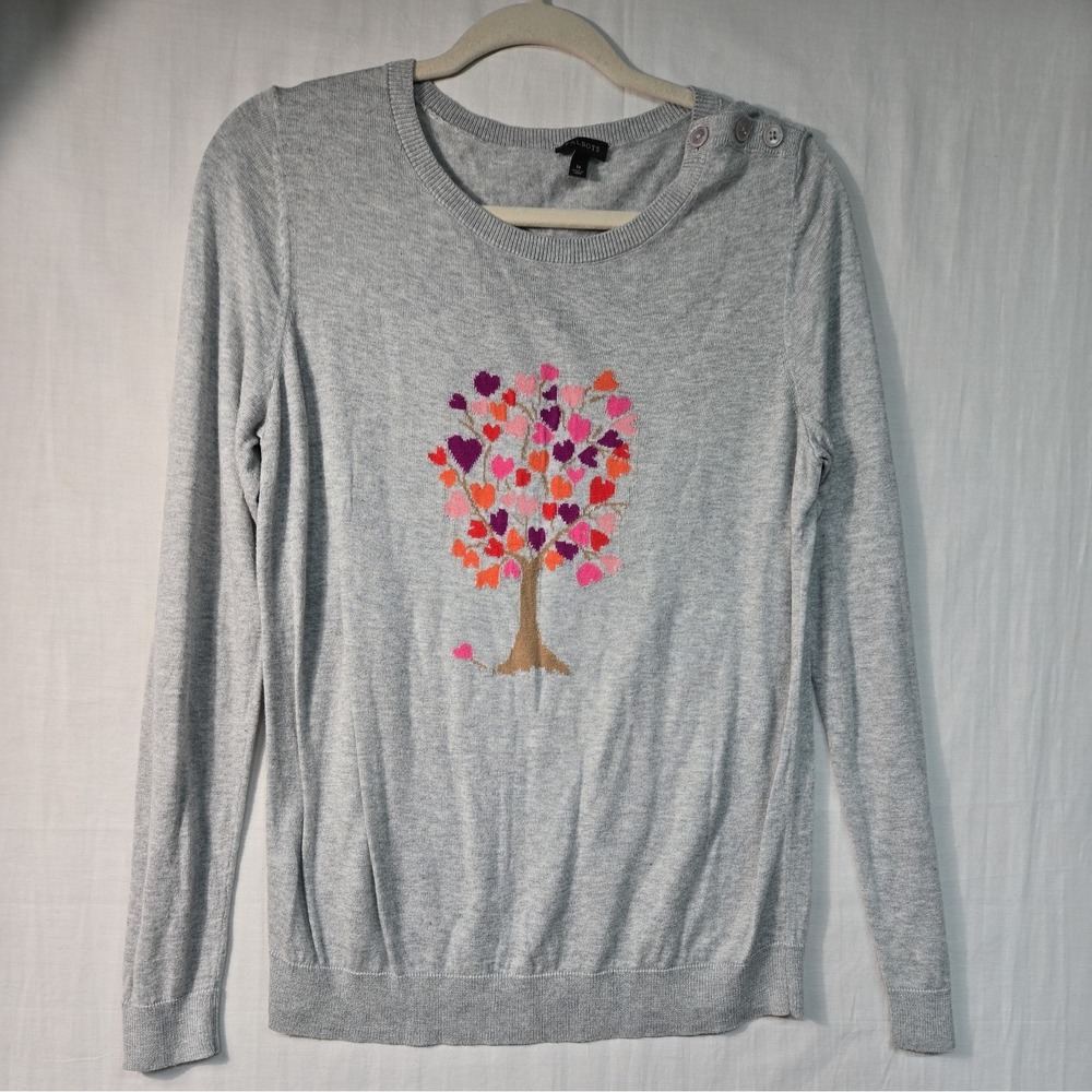 Talbots Women's M Heart Tree Pullover Sweater Gray Button Shoulder Whimsy